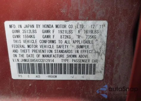2012 Honda Fit Sport from USA, damaged, VIN JHMGE8H56CC012914